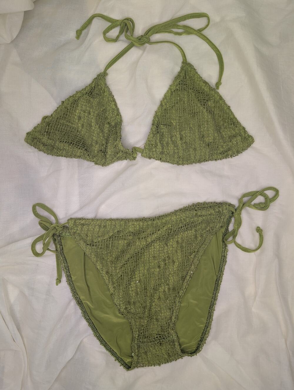 PLT Olive Green Crochet Knit Triangle Bikini 2 pc Set Size 10/M